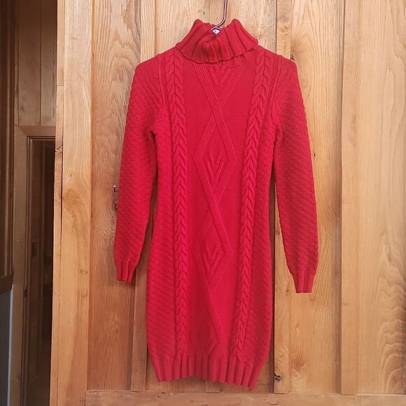 Cable Knit Turtleneck Long Sleeve Knee Length Sweater Dress, Medium, Holiday Red - Picture 1 of 8